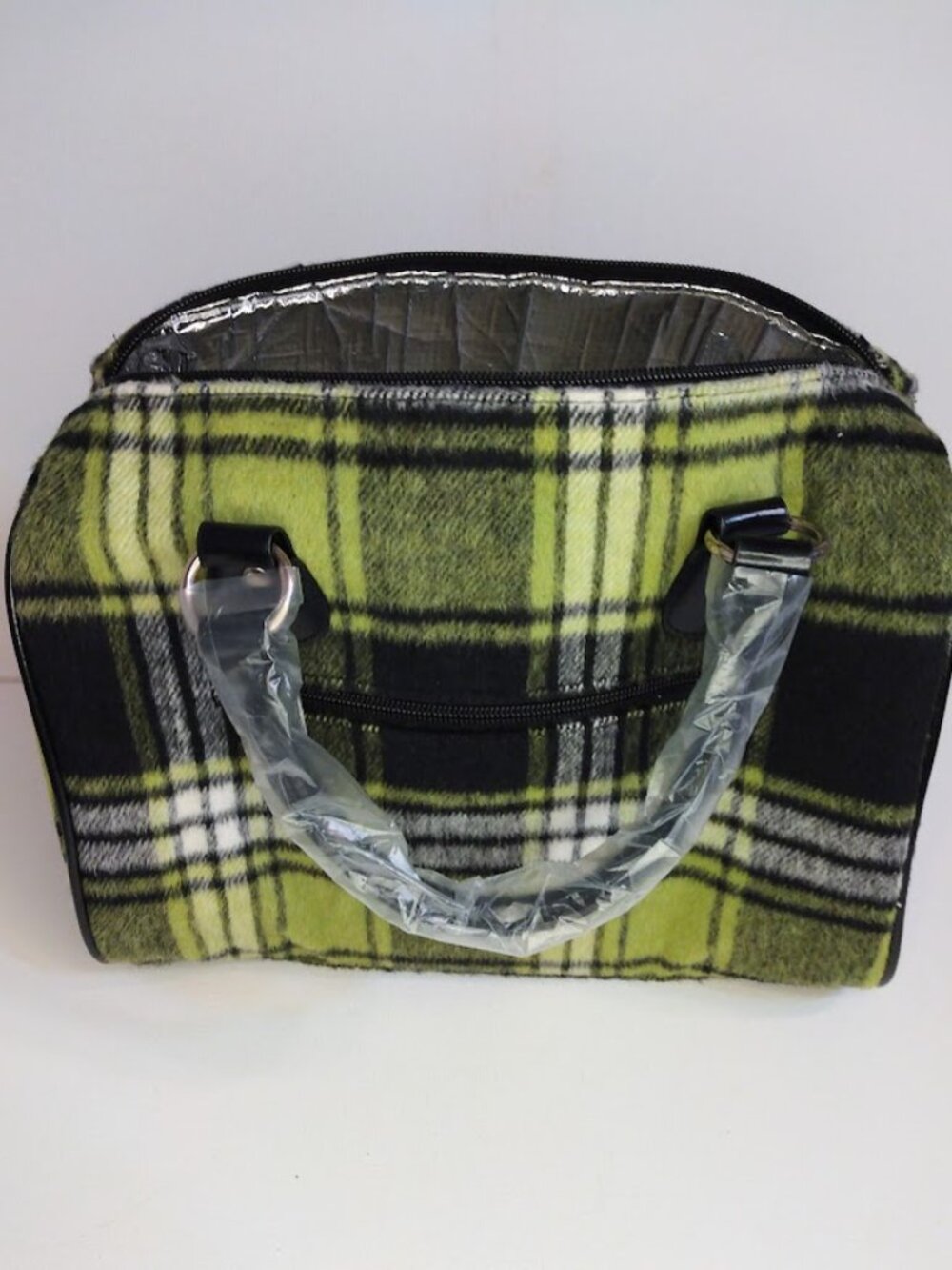 SACHI Insulated Lunch Tote Bag Purse Plaid Green Black Flannel Top Handles NEW - Picture 3 of 9